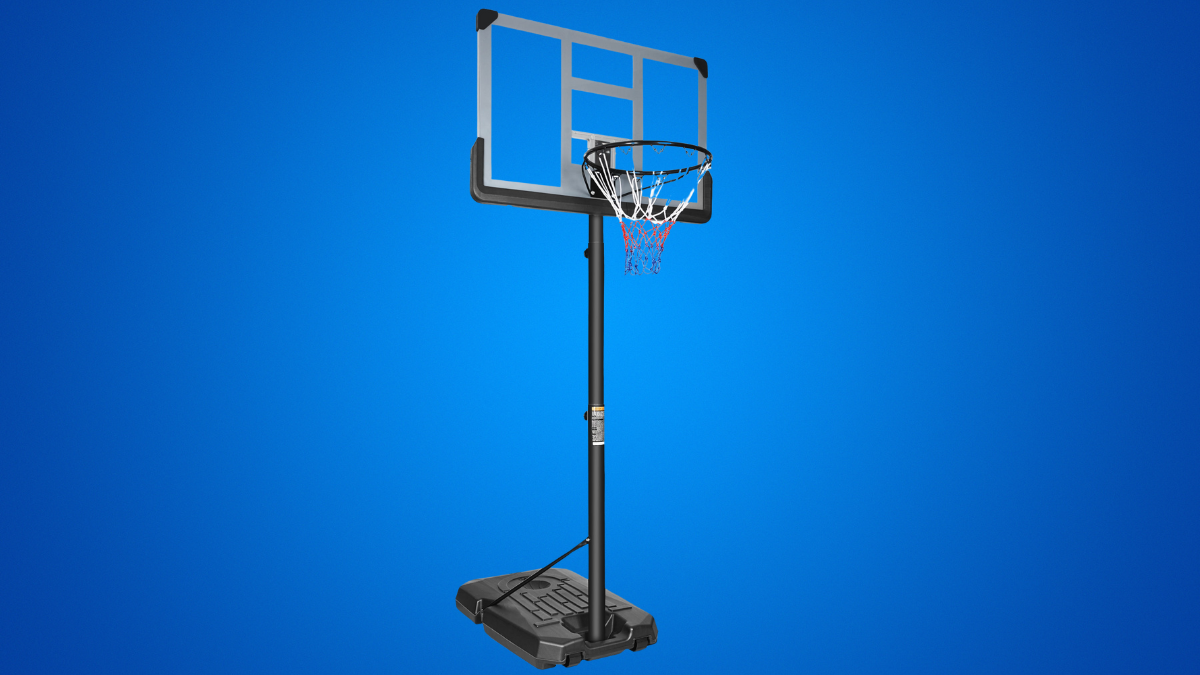A portable basketball hoop set with an adjustable pole, a sturdy black base, and a clear backboard featuring a white outline. The red rim is complemented by a white net, all against a vibrant blue background, showcasing its versatility for indoor or outdoor play.