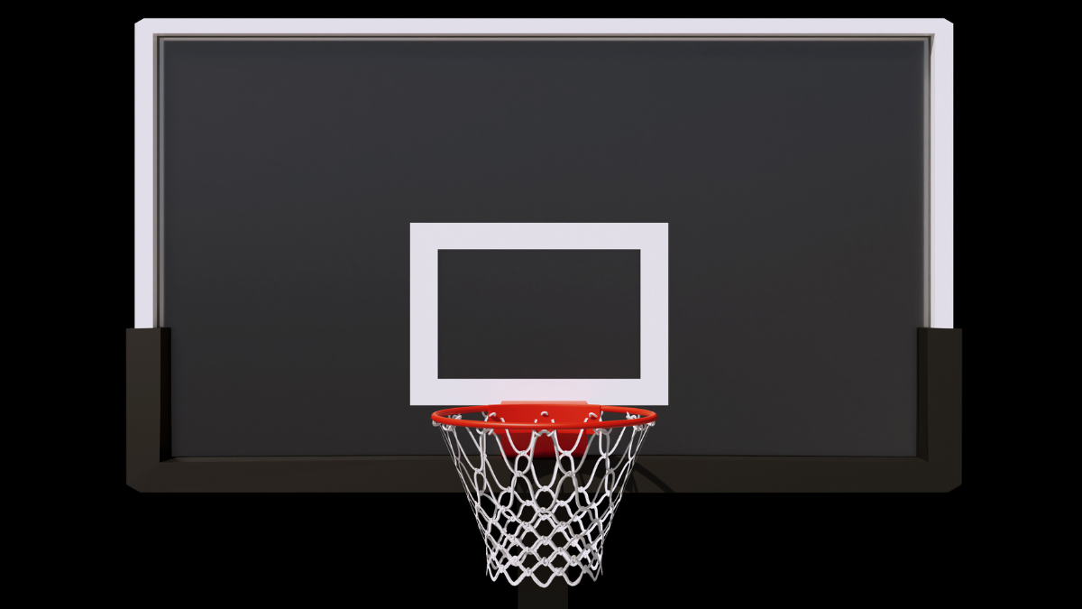A basketball backboard with a sleek black surface, white outline, and a vibrant red rim, complete with a white net. The minimalist design emphasizes the structure's clean lines against a dark background.