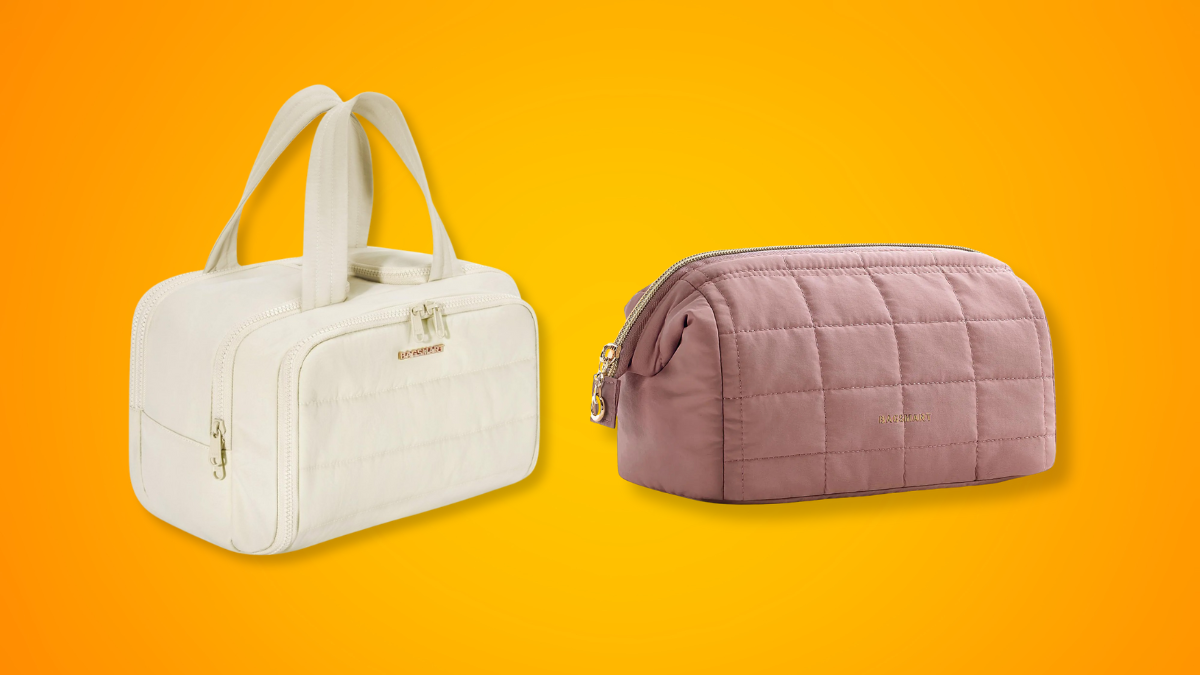 Two stylish cosmetic bags displayed on a vibrant orange background, one in cream with a handle and the other in quilted pink with a zippered closure.