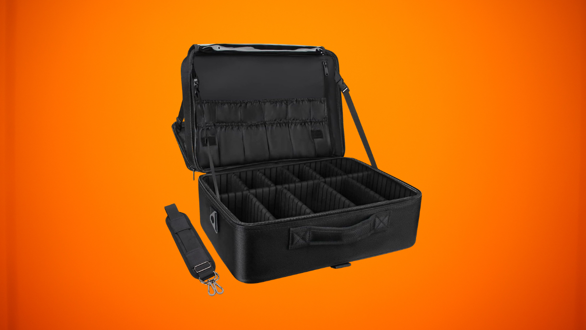 Spacious black travel organizer case with customizable compartments and multiple pockets, designed for versatile storage, displayed against a bright orange background.