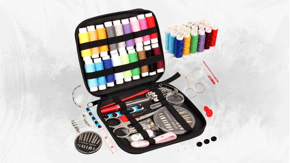 Comprehensive sewing kit displayed on a light background, featuring an organized black case