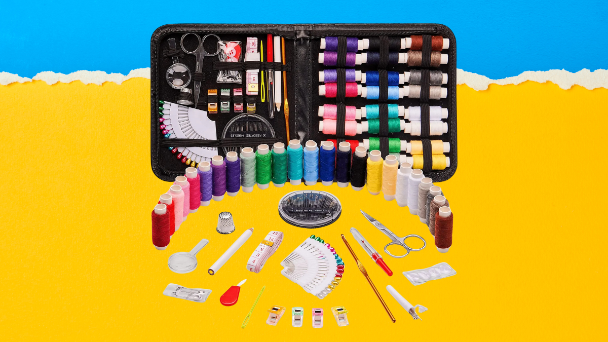 Vibrant sewing kit displayed on a colorful yellow and blue background, featuring an organized black zippered case