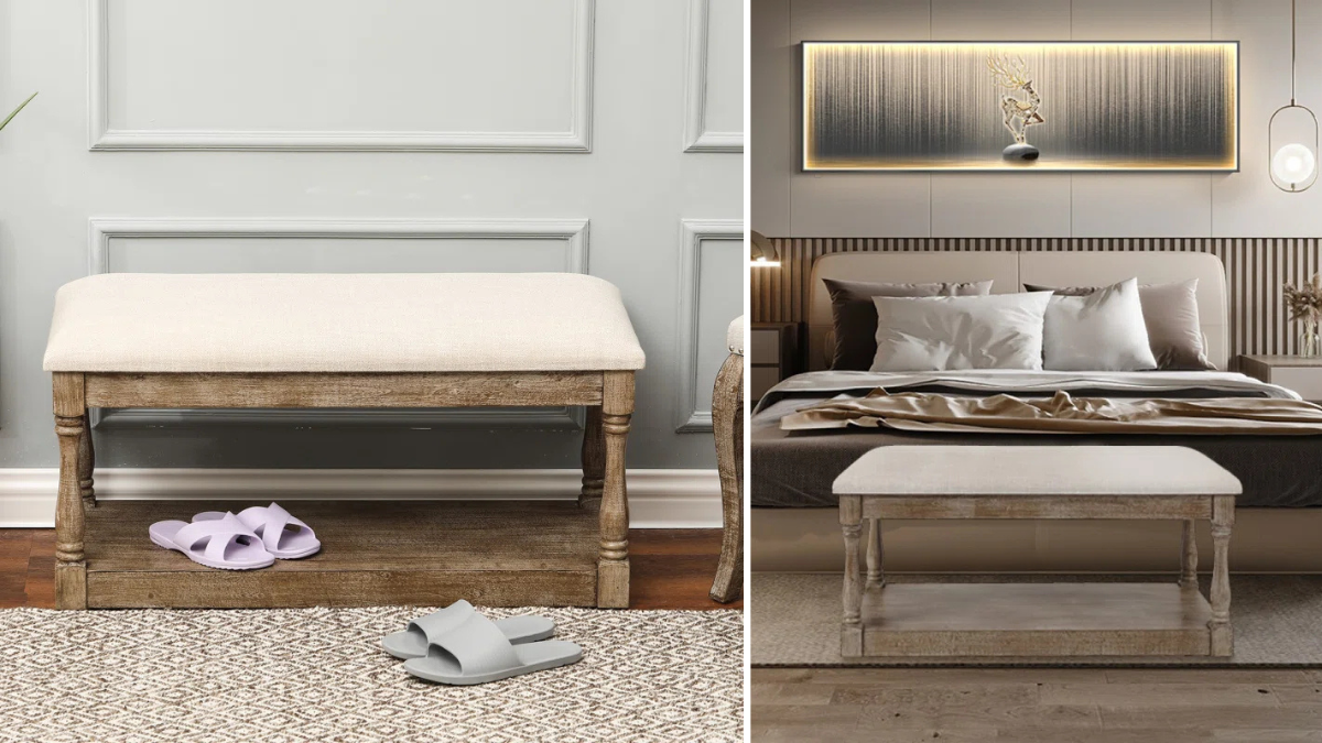 Rustic upholstered benches with natural wooden frames, ideal for entryways or at the foot of a bed, offering style and storage functionality.