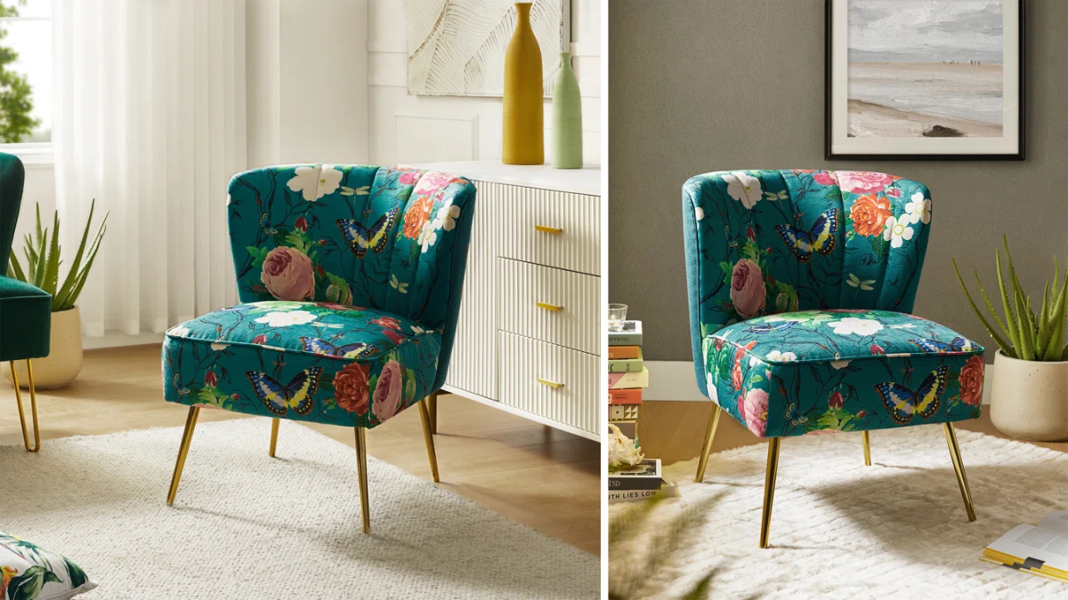 Vibrant floral accent chairs with gold-tone legs, perfect for adding a pop of color and charm to living spaces or reading nooks.