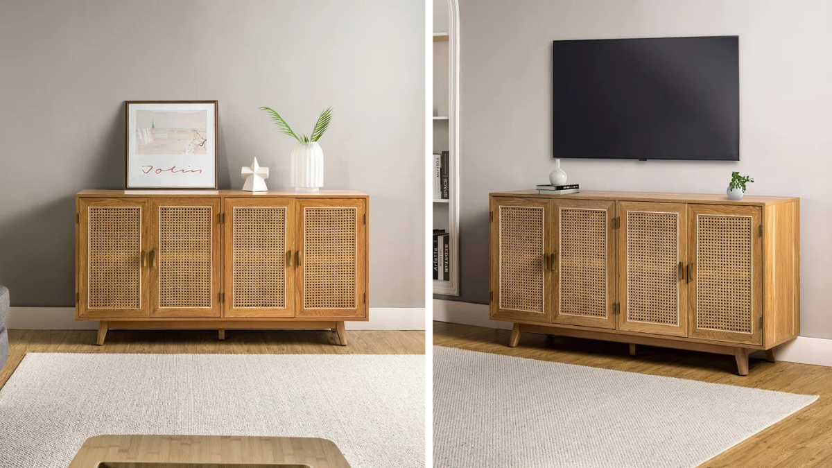 Stylish wooden credenza with woven cane doors, versatile for use as a TV stand or storage solution in modern and bohemian spaces.