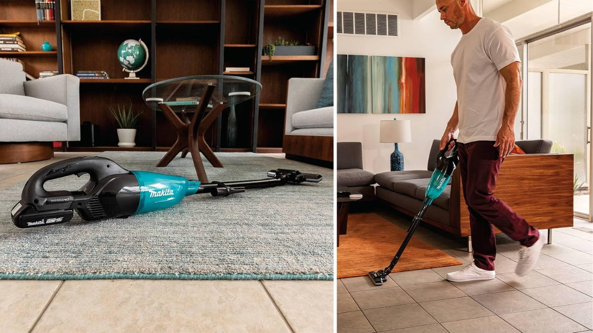 Makita cordless vacuum cleaner in a modern living room setup. One image shows the vacuum on a rug near a coffee table, and the other captures a person using it on a tiled floor.