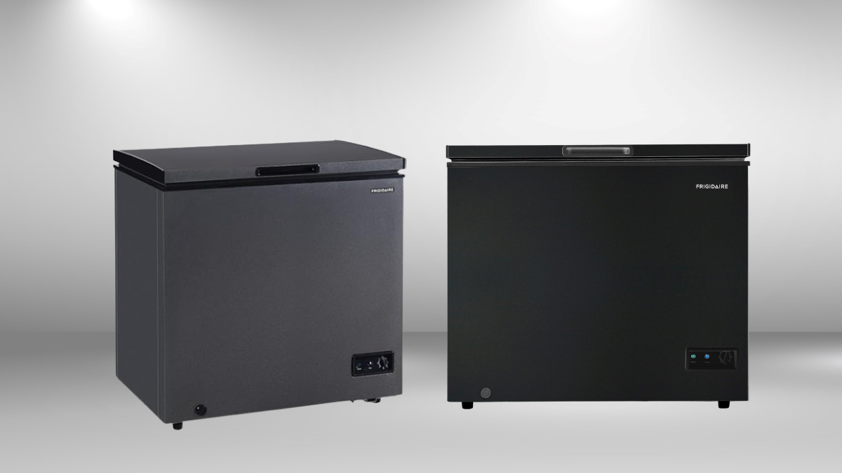 Two sleek chest freezers in black and dark gray finish, showcased against a minimalist white background.