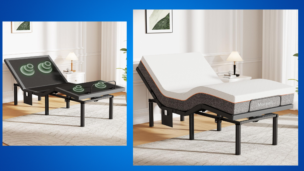 Adjustable beds with sleek black frames, one showcasing massage settings and the other with a plush mattress, set in a bright modern bedroom.