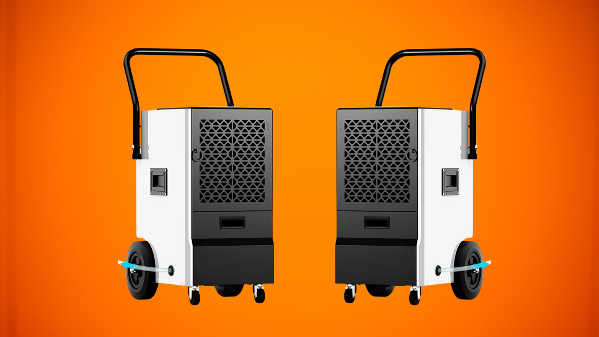 Two industrial dehumidifiers with black and white design and handle bars, set against a bright orange background.