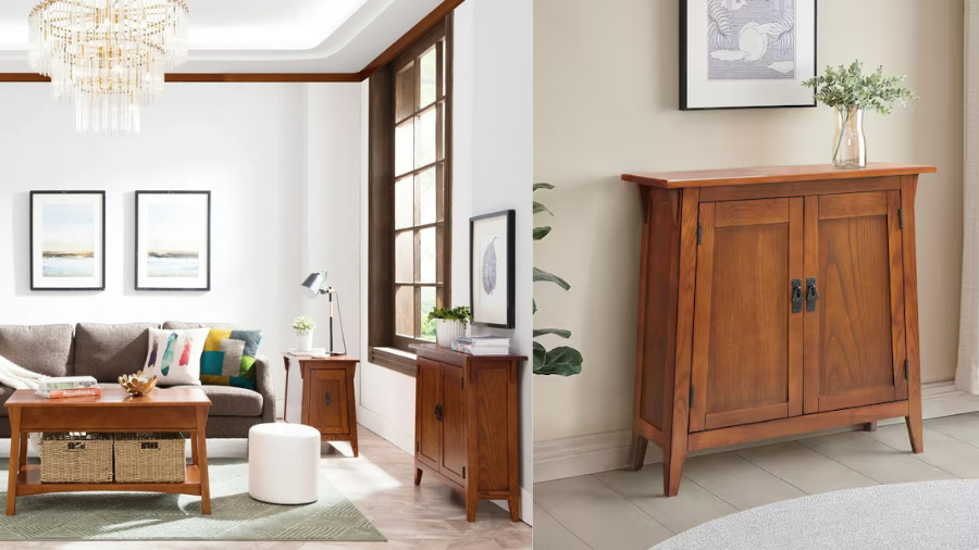 A cozy living room featuring wooden furniture, including a coffee table, side table, and a console cabinet, all in a warm brown finish.