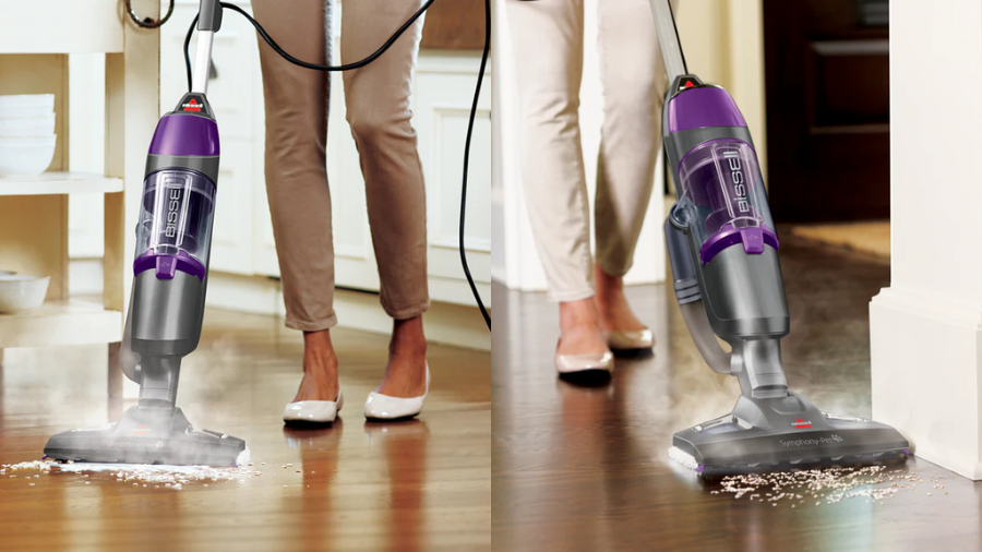 A person cleaning hardwood floors with a purple and gray steam mop vacuum, effectively removing debris and sanitizing the surface.