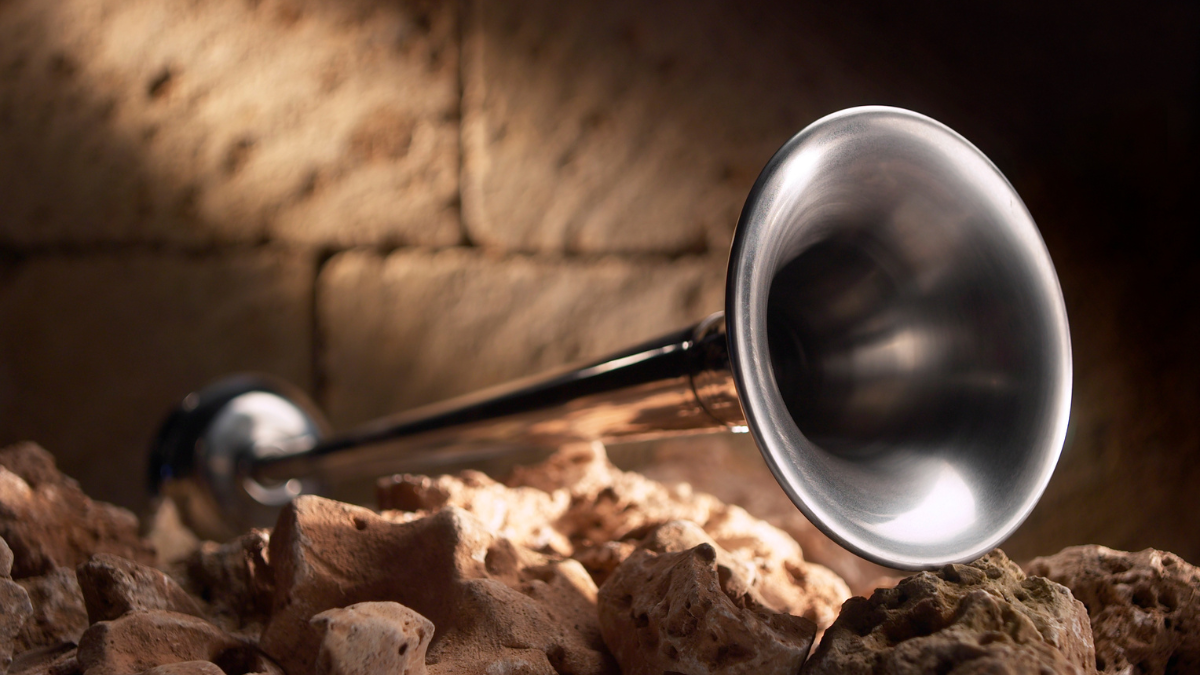 A shiny Air Horn resting on rugged stones with a warm, textured background.