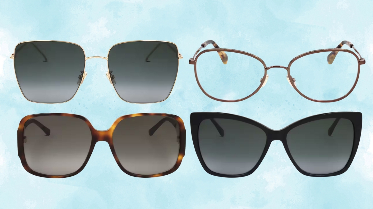 Four stylish eyeglasses, including sunglasses and prescription frames, displayed on a light blue background.