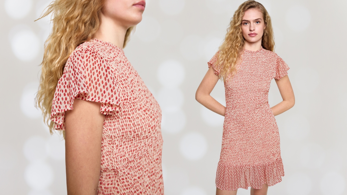 A woman with curly blonde hair wears a short, red-patterned dress with ruffled sleeves and a smocked design, shown in both a close-up and full-body view against a soft, blurred background.