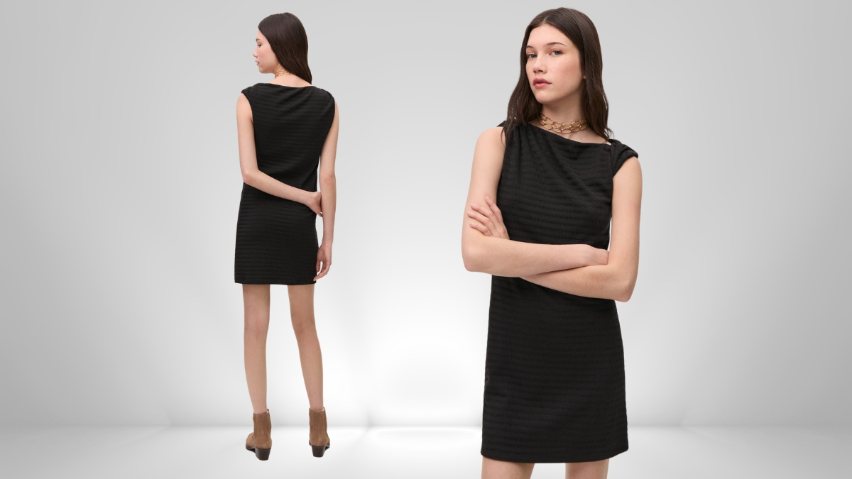 A woman wears a black sleeveless mini dress with a draped neckline, shown from both front and back angles against a neutral gray background.