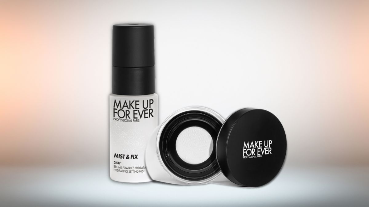 A setting spray and loose powder from Make Up For Ever, displayed against a soft gradient background.