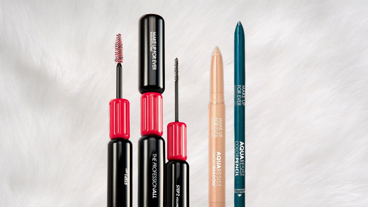 A mascara, eyeshadow stick, and eyeliner from Make Up For Ever, displayed on a soft white background.