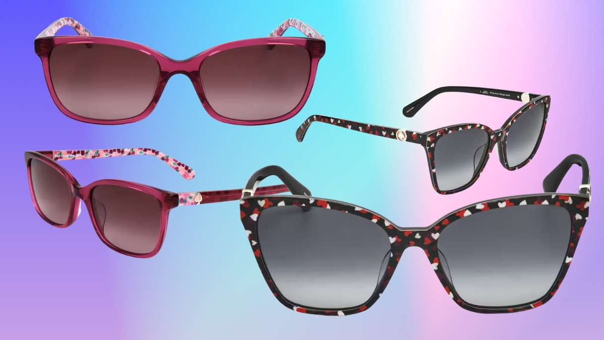 Four stylish sunglasses with heart and floral patterns displayed on a colorful gradient background.