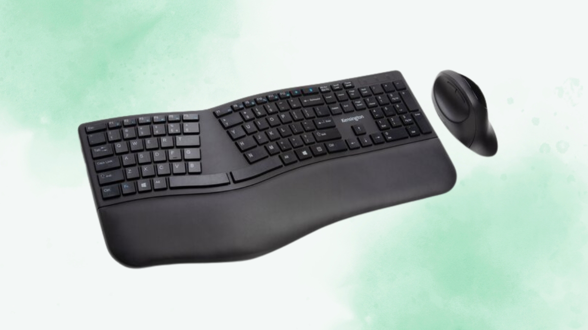 A black ergonomic keyboard with a split design and built-in wrist rest is paired with a curved vertical mouse on a light green background.