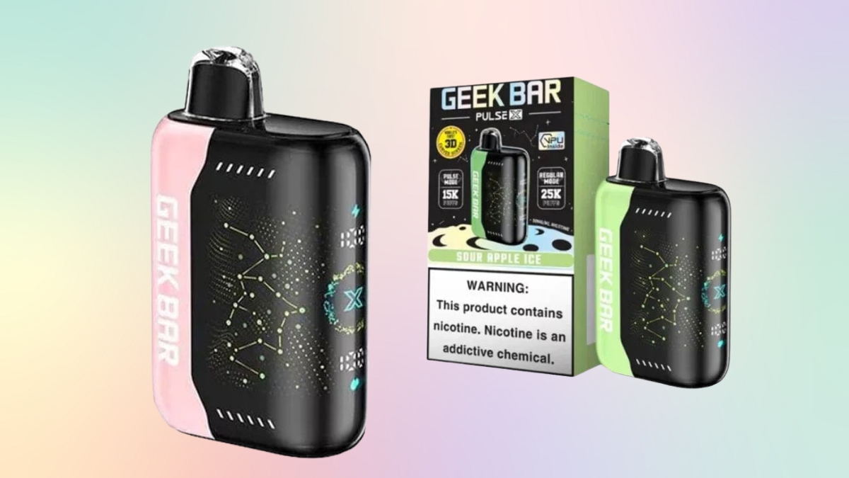 A Geek Bar Pulse vape with a sleek black design, colorful side panels, and a box displaying the "Sour Apple Ice" flavor and a nicotine warning.