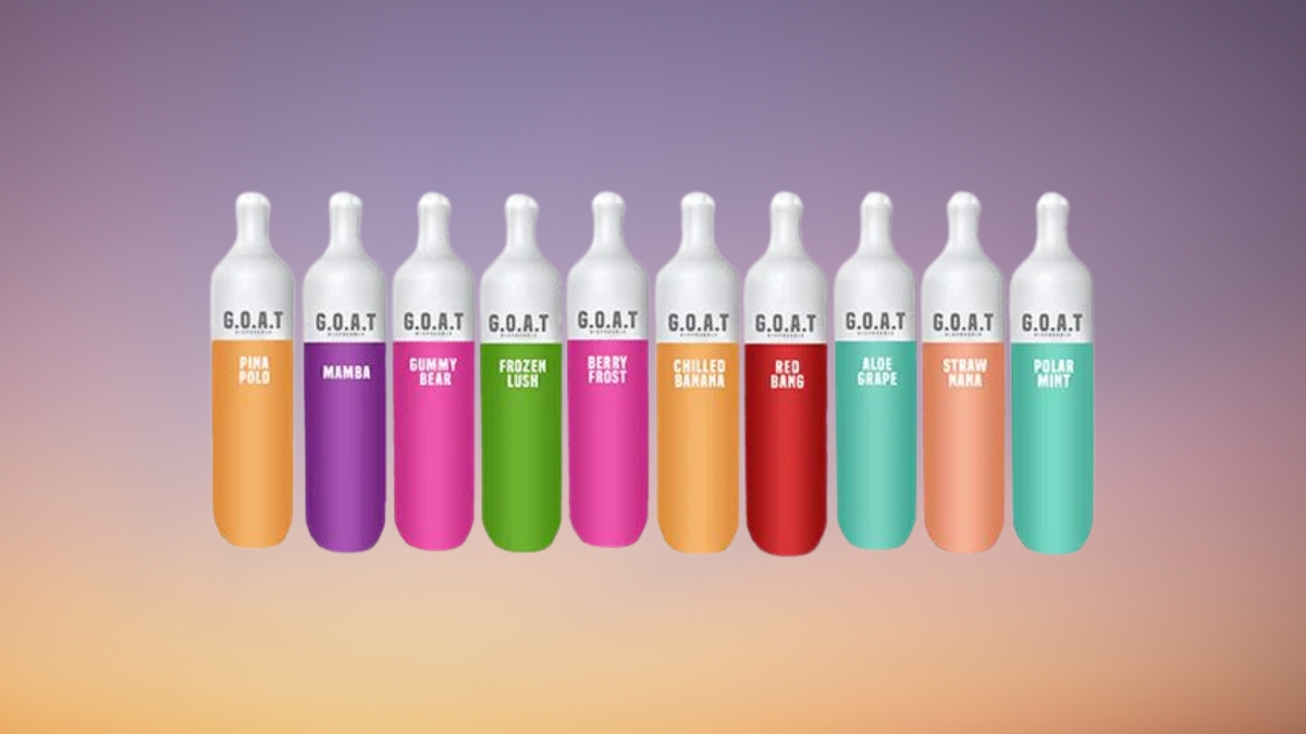 GOAT disposable vapes in different colors, featuring flavors like pina polo, gummy bear, frozen lush, berry frost, and polar mint.
