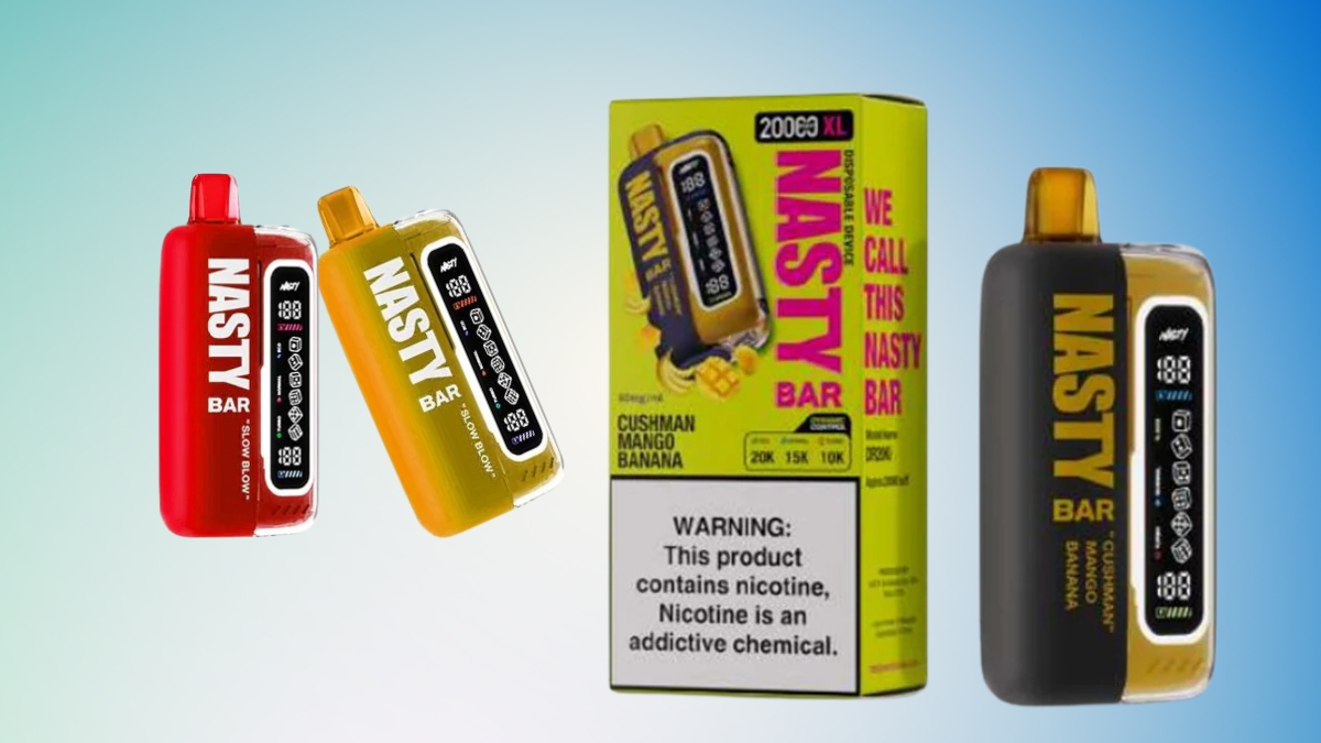 Nasty Bar 20k XL disposable vapes with digital display, featuring flavors slow blow and cushman mango banana.