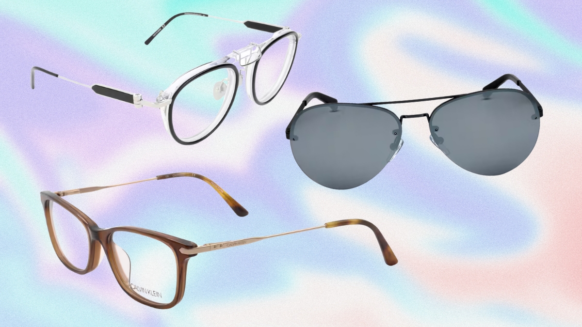 Three stylish eyewear pieces, including clear safety glasses, black aviator sunglasses, and brown tortoiseshell eyeglasses, displayed against a pastel gradient background.