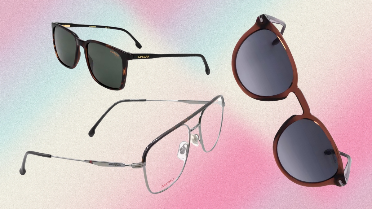 three stylish eyeglasses and sunglasses against a soft, colorful background.