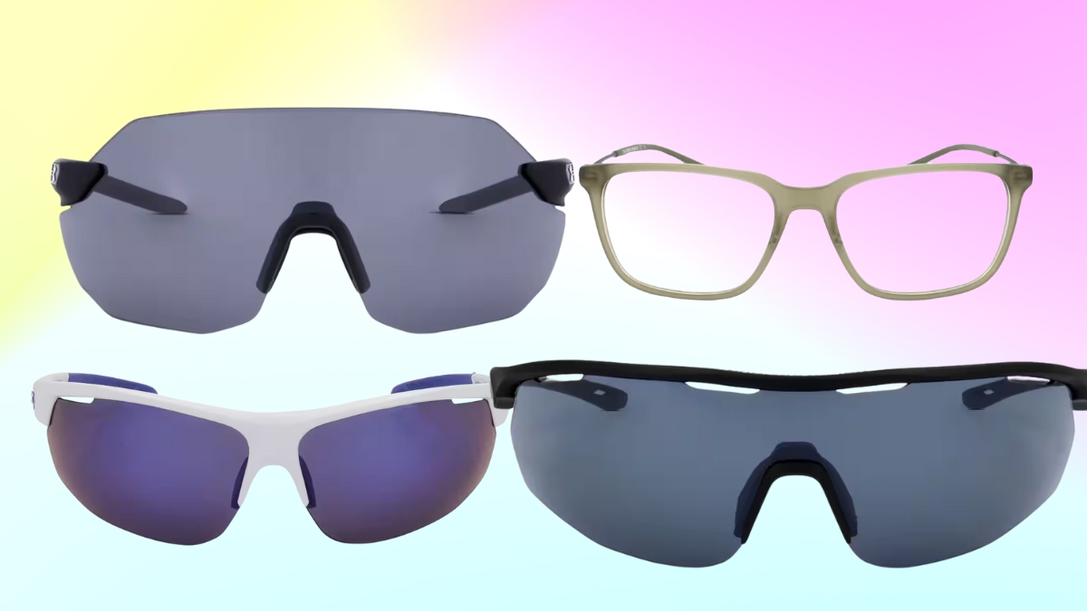 Four pairs of sunglasses and eyeglasses with sporty and casual designs on a pastel gradient background.