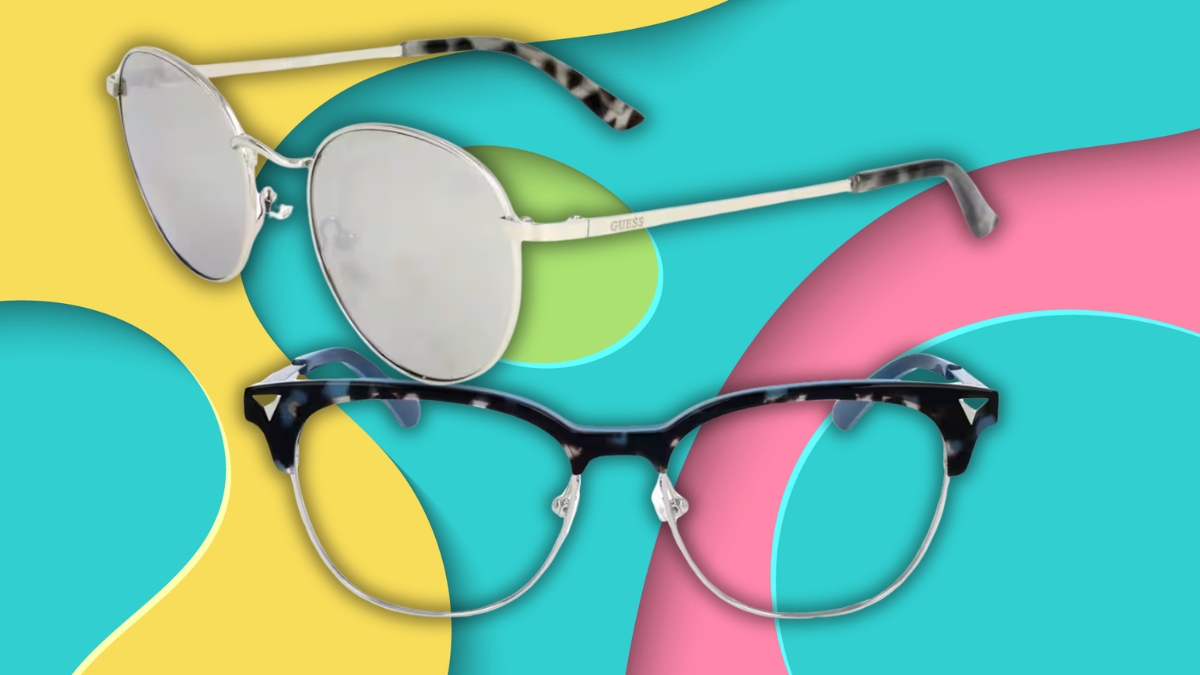 Two stylish eyeglasses, one with a silver frame and one with a patterned design, displayed on a colorful abstract background.