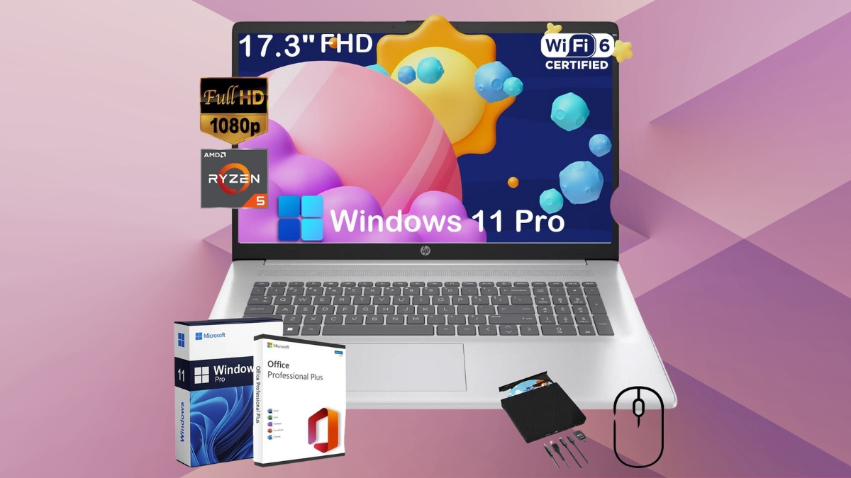 HP 17.3" FHD laptop with Windows 11 Pro, Ryzen 5, Wi-Fi 6, and full-size keyboard shown with accessories like a mouse and Office software.