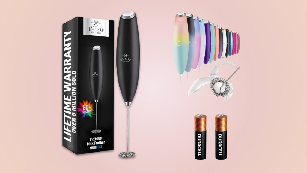 A Zulay Kitchen milk frother is shown with its packaging, color options, a whisk attachment, and two Duracell batteries.