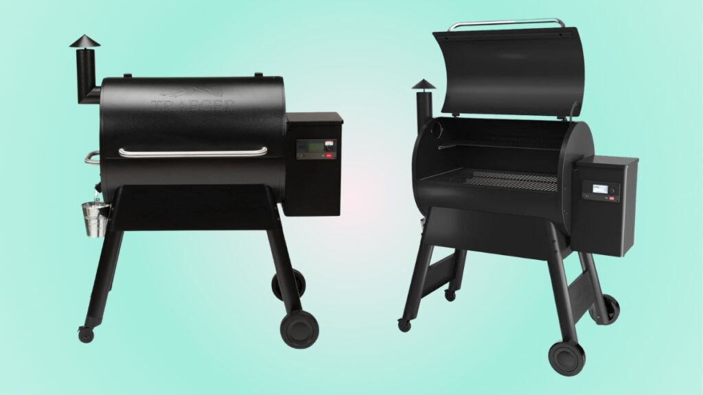 Two black Traeger pellet grills are displayed, one with the lid closed and the other open, against a light green background.