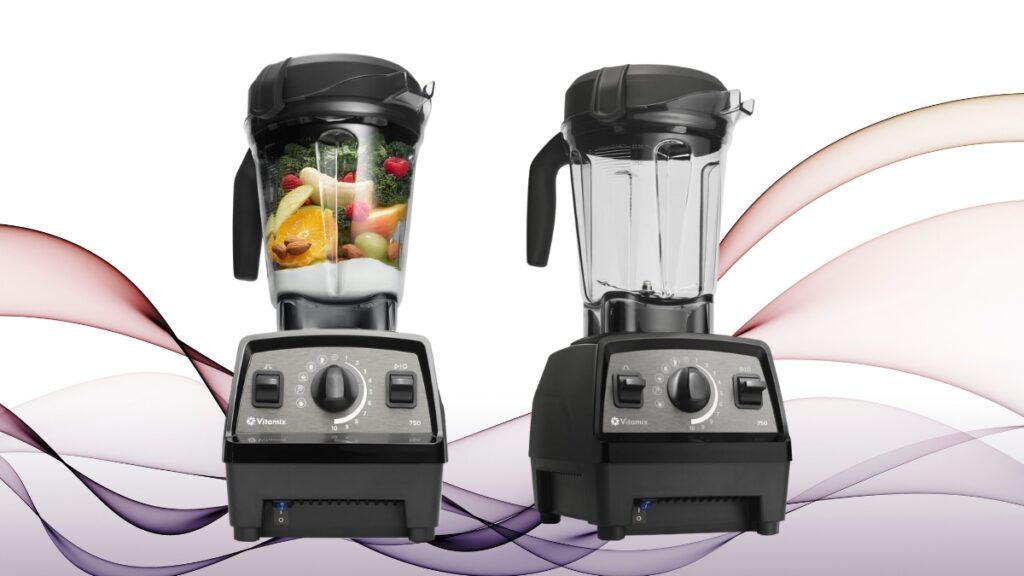 Two Vitamix 750 blenders are shown side by side, one filled with fruits and vegetables and the other empty, against a white background with flowing lines.