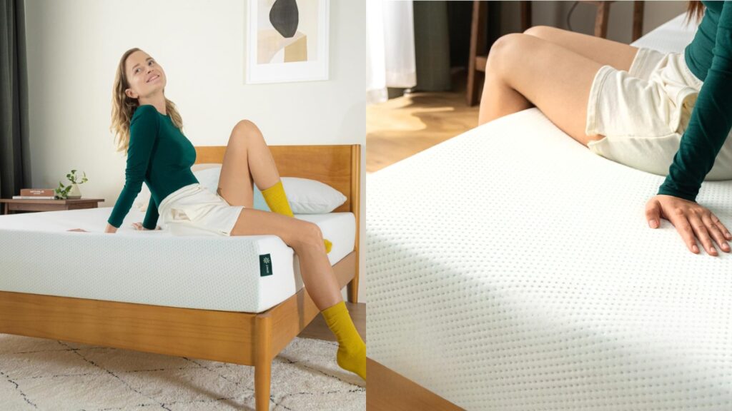 A woman sits on a memory foam mattress from best Amazon home deals, showing its comfort and design in a cozy bedroom setting.