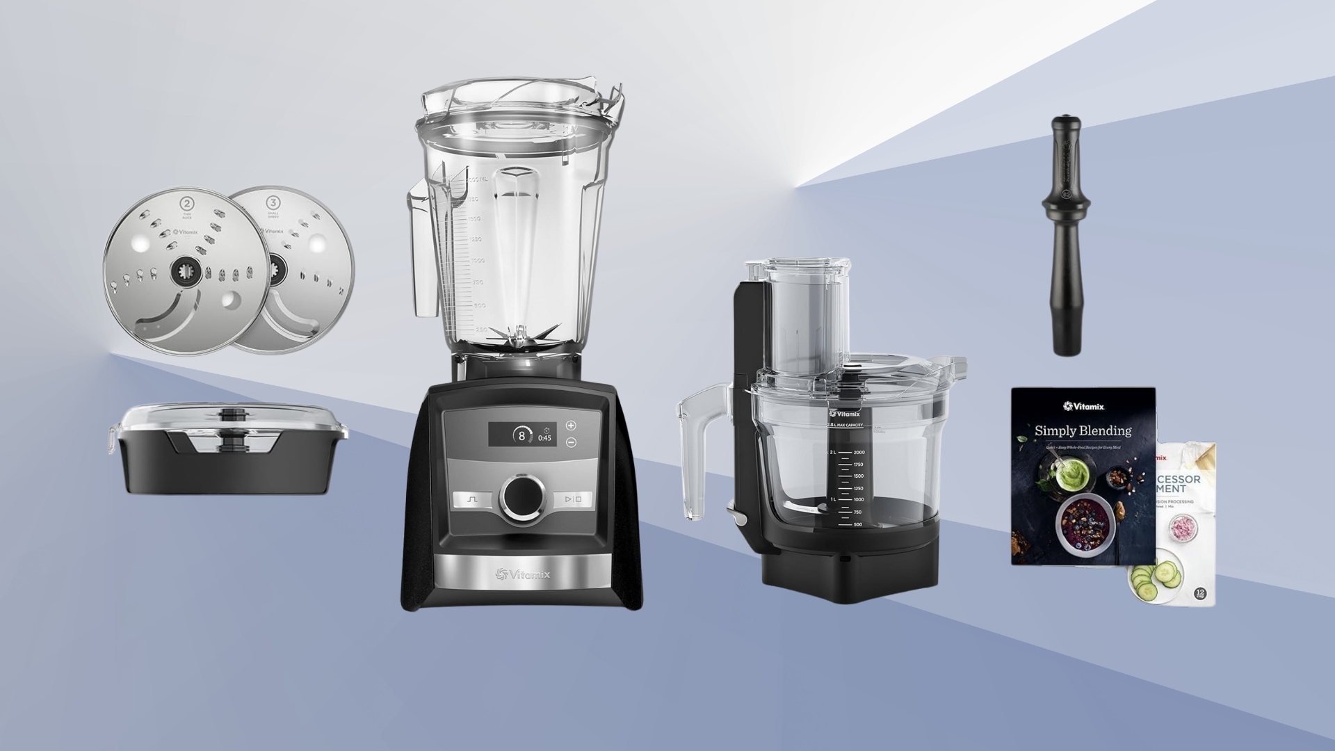 A high-performance blender and food processor set with various attachments, including slicing discs, a tamper, a recipe book, and a storage container, displayed on a sleek background.