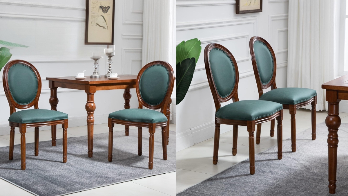 Set of Nrizc French country dining chairs with green upholstered seats and wooden oval backs placed around a wooden table in a bright dining room.