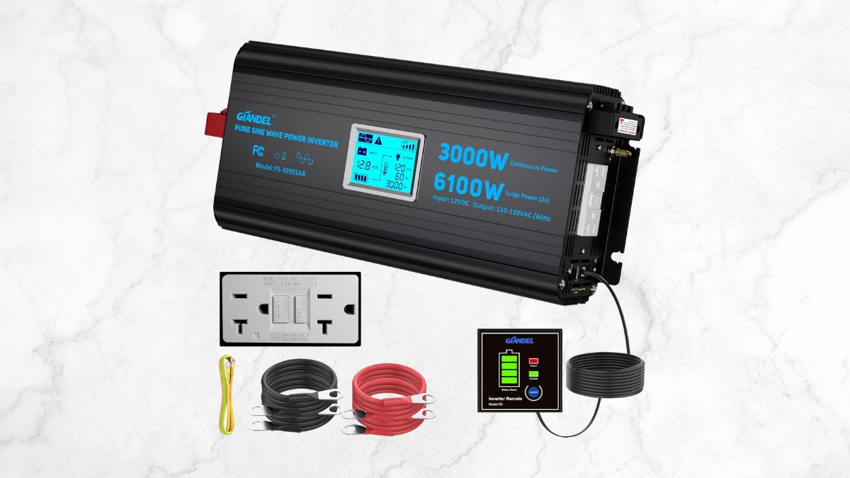 Giandel 3000W pure sine wave inverter kit with LCD display, cables, remote control, and GFCI outlets.