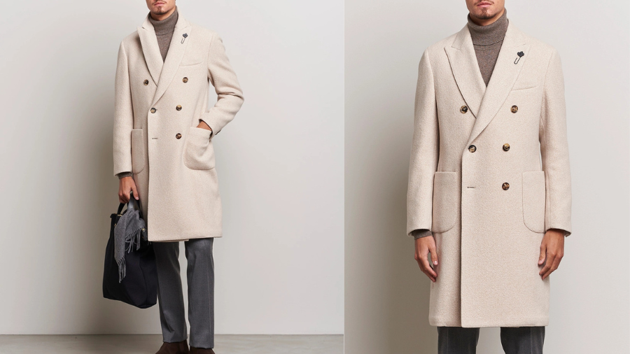 A man wearing a beige double-breasted wool coat with a tailored fit, wide lapels, and brown buttons.
