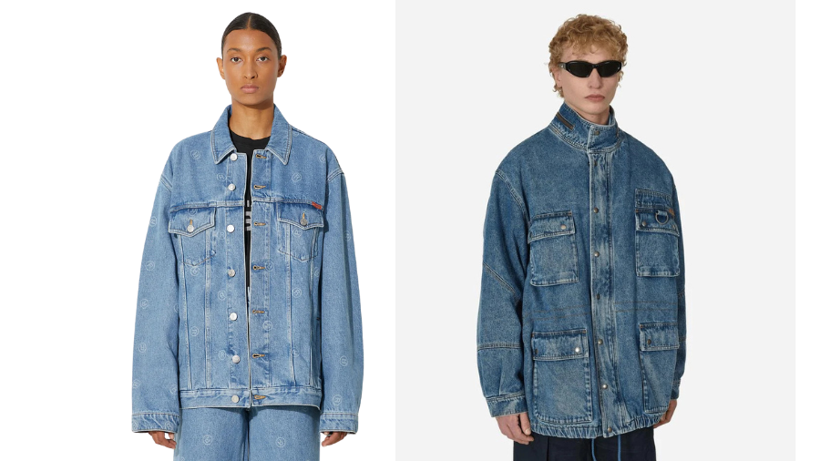 Two models wear oversized denim jackets. The left features a classic button-up trucker style with chest pockets, while the right has a high collar and large front pockets for a modern streetwear look.