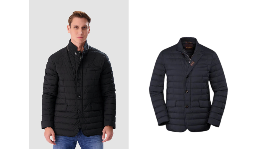 A black quilted blazer-style jacket is displayed. On the left, a male model wears it over a shirt and jeans, showcasing its tailored fit.