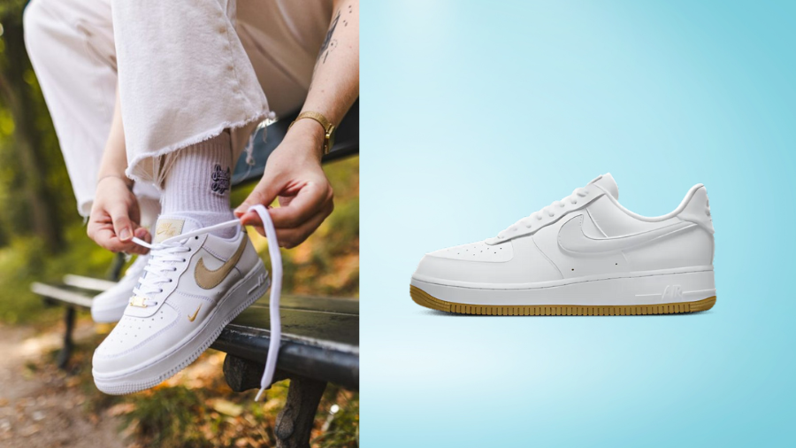 A side-by-side comparison of a person tying white and gold Nike sneakers on a park bench (left) and a close-up of a pristine white Nike Air Force 1 with a gum sole against a blue gradient background (right).
