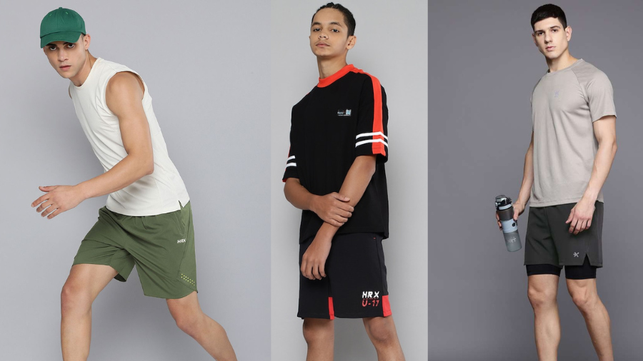 Three men modeling sporty casual outfits, each wearing athletic t-shirts and shorts in different styles and colors.