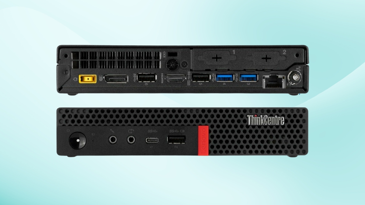Front and back view of the Lenovo ThinkCentre M920q Tiny Desktop, showing its compact design with various ports including USB, HDMI, and Ethernet.