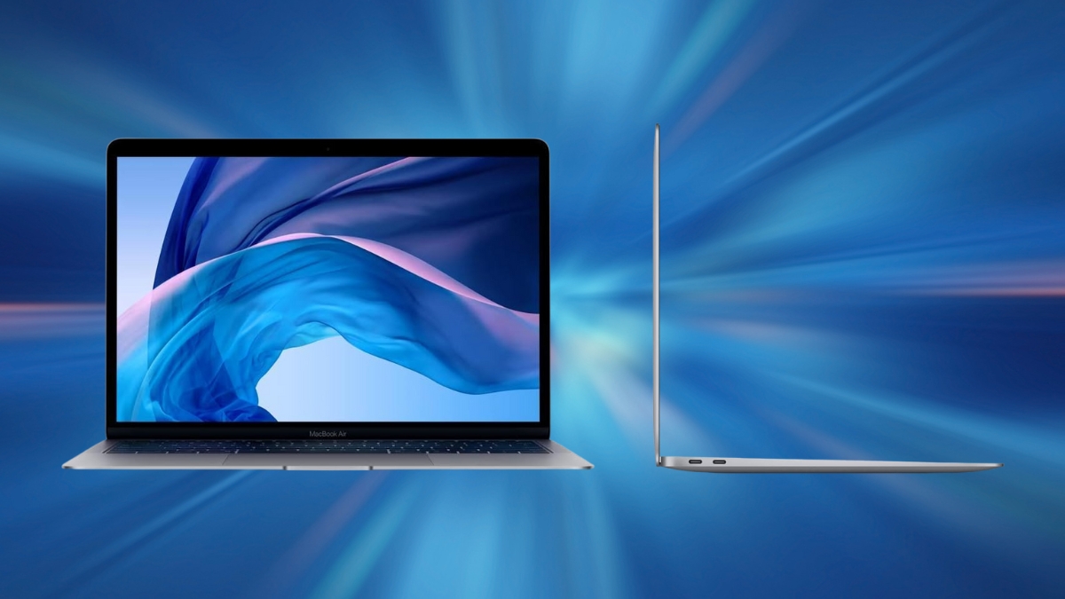 A refurbished Apple MacBook Air is shown open with a sleek, thin design, a high-resolution Retina display, and a modern blue background.
