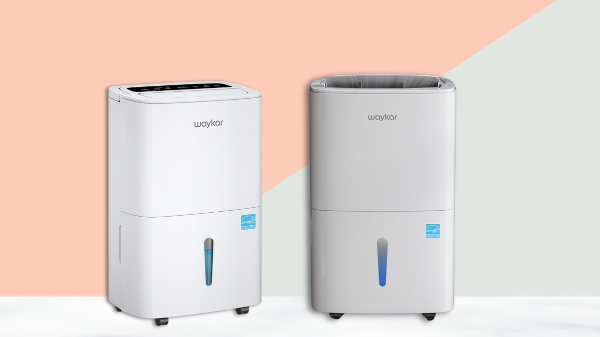 Two Waykar dehumidifiers with a sleek, modern design are placed side by side, both featuring an Energy Star label and a visible water level indicator.