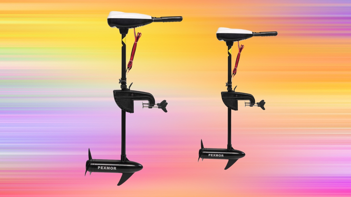 Two PEXMOR electric trolling motors with adjustable handles shown side by side against a colorful background.