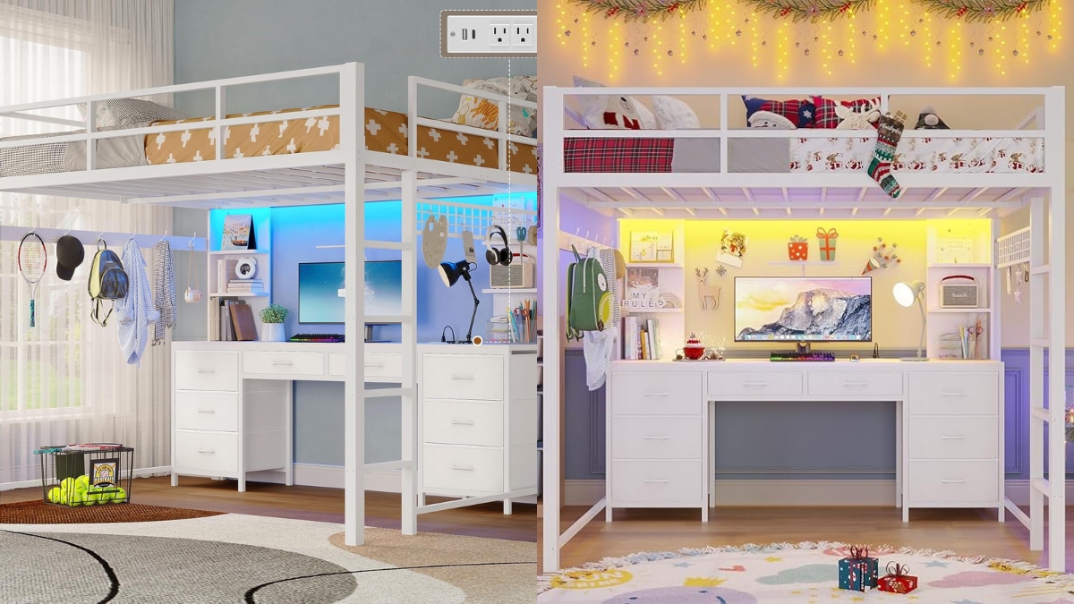 Two BTHFST full metal loft beds with desks and storage are shown, each with drawers, shelves, LED lights, and cozy bedding setups.