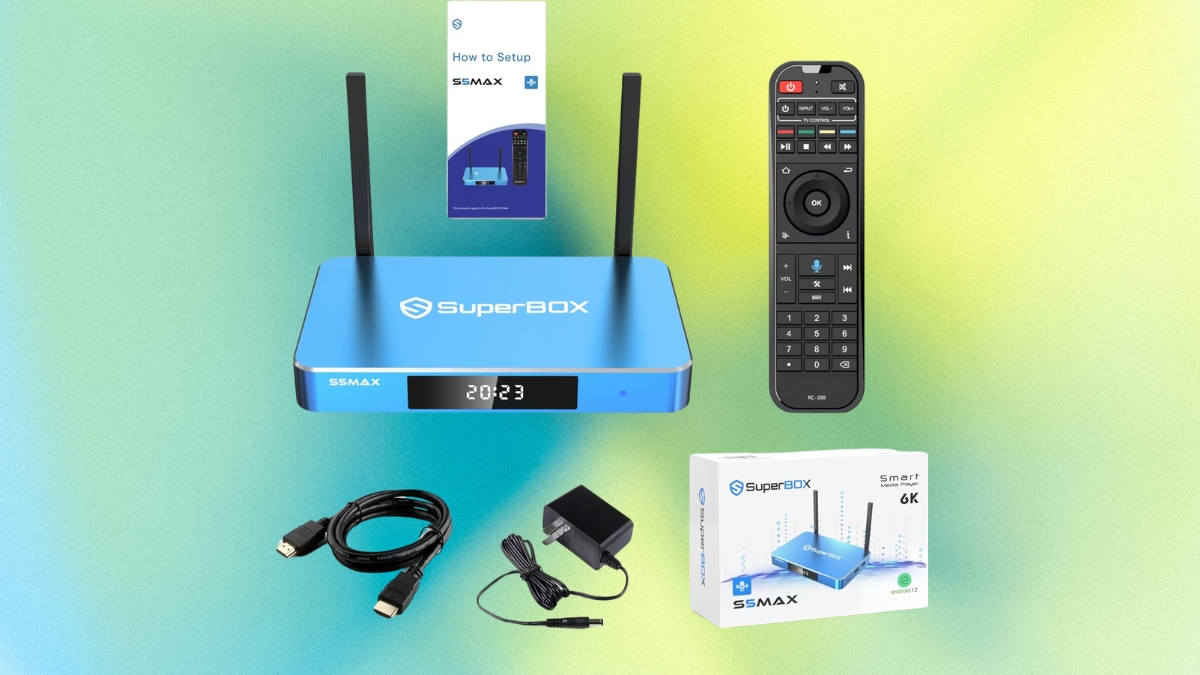 SuperBox S5 Max 6K streaming device with remote, HDMI cable, power adapter, setup guide, and original box shown on a colorful background.