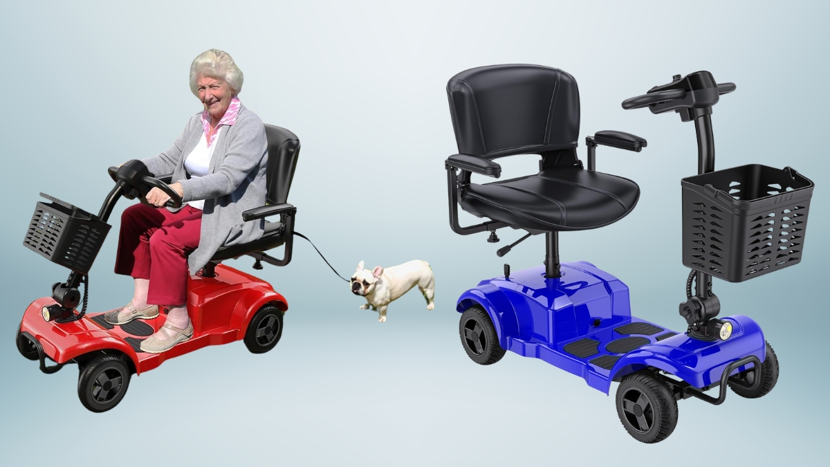 An elderly woman rides a red ENGWE folding 4-wheel mobility scooter with a small dog, shown next to an empty blue scooter with a front basket.